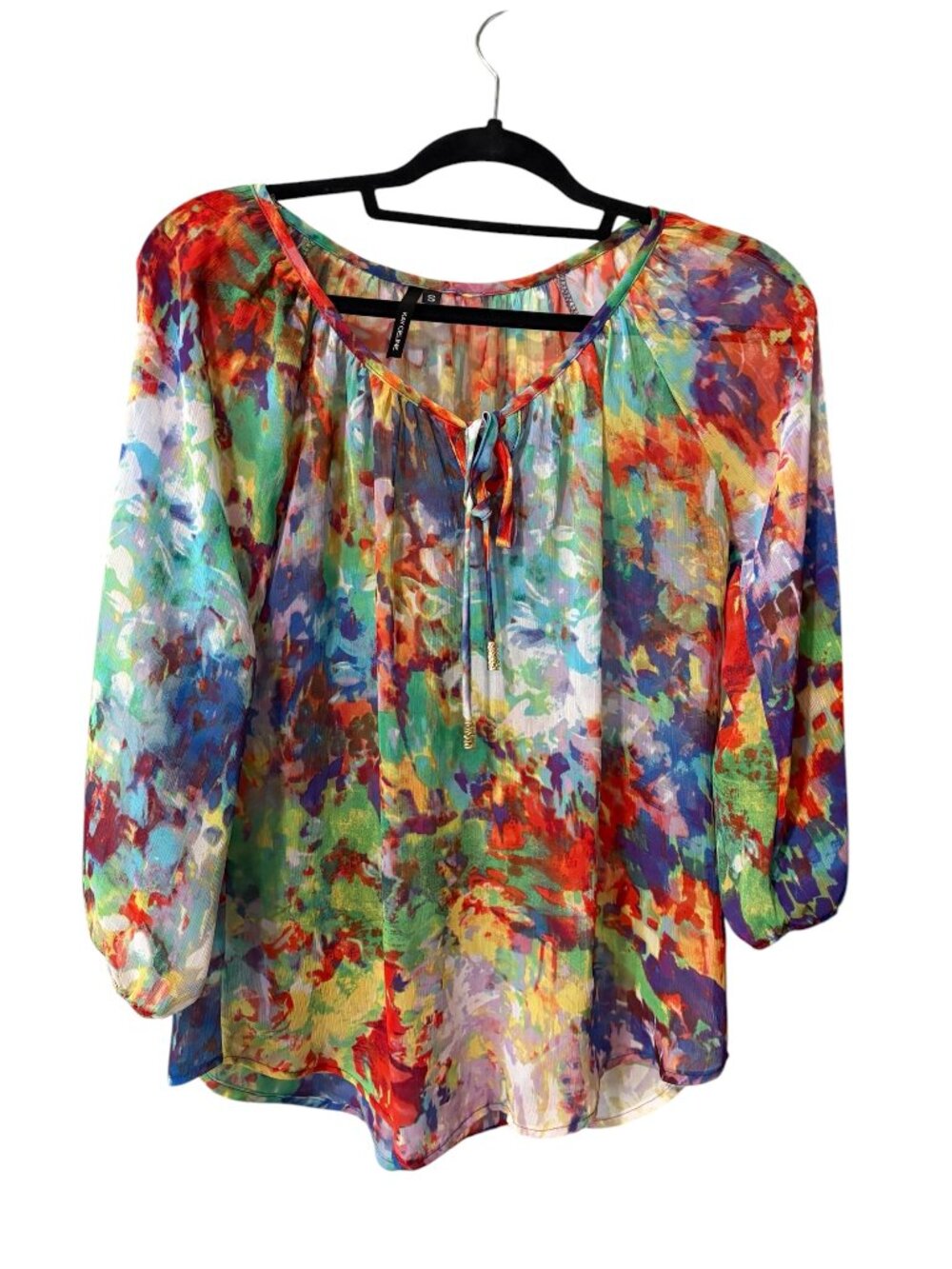 Women’s Multicolor Watercolor Print Peasant Blouse - Picture 2 of 5